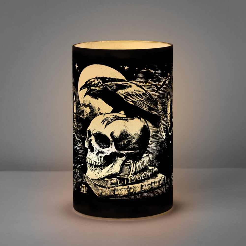 Alchemy Gothic Etched Black Glass LED Poe's Raven Lantern Light NIB